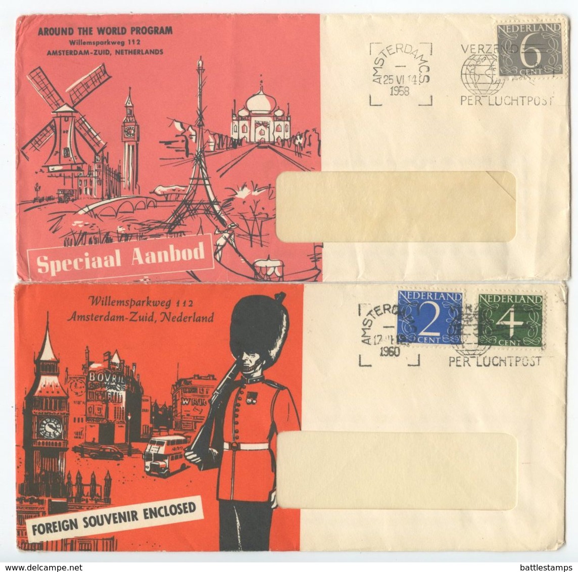 Netherlands 1958/60 2 Advertising Covers Amsterdam - Around The World Program - Covers & Documents