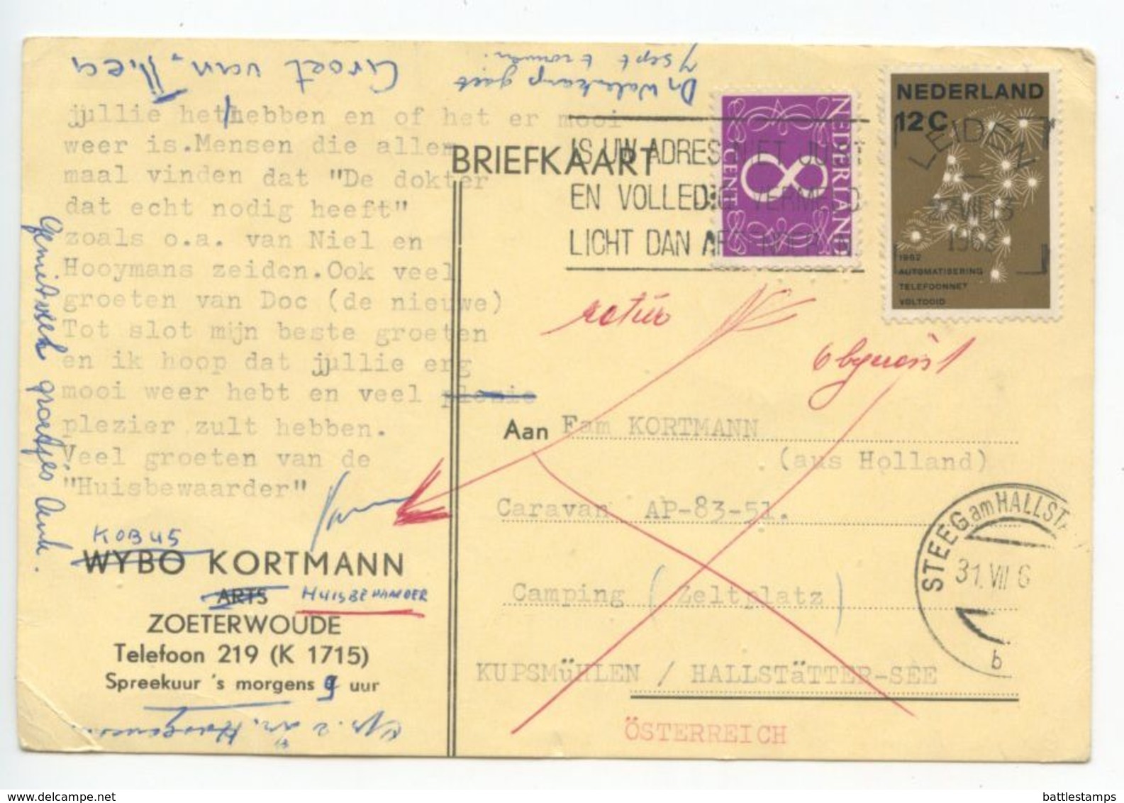 Netherlands 1962 Postcard Leiden To Kupsmühlen, Hallstätter-See, Austria - Camping Caravan AP-83-51 - Covers & Documents