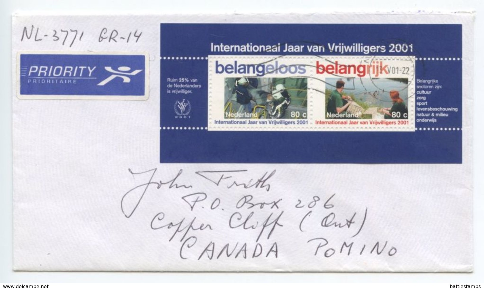 Netherlands 2001 Priority Cover To Copper Cliff Canada, Scott 1069 Volunteers Year S/S - Covers & Documents