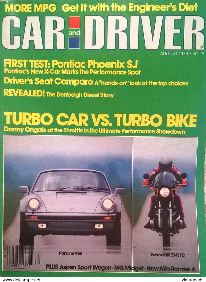 CA157 Autozeitschrift Car And Driver, August 1979, Porsche 930 Vs. Kawasaki Z1-R TC, Neuwertig - Transports