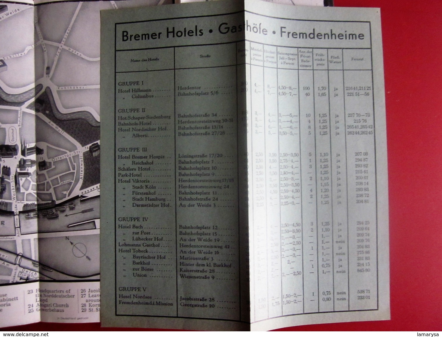 ALTE Touristenbroschüre- BREMEN BREME- LAGEPLAN DER HOTELS-GASTHOFE-FREMDENHEIME-OLD Tourist Brochure