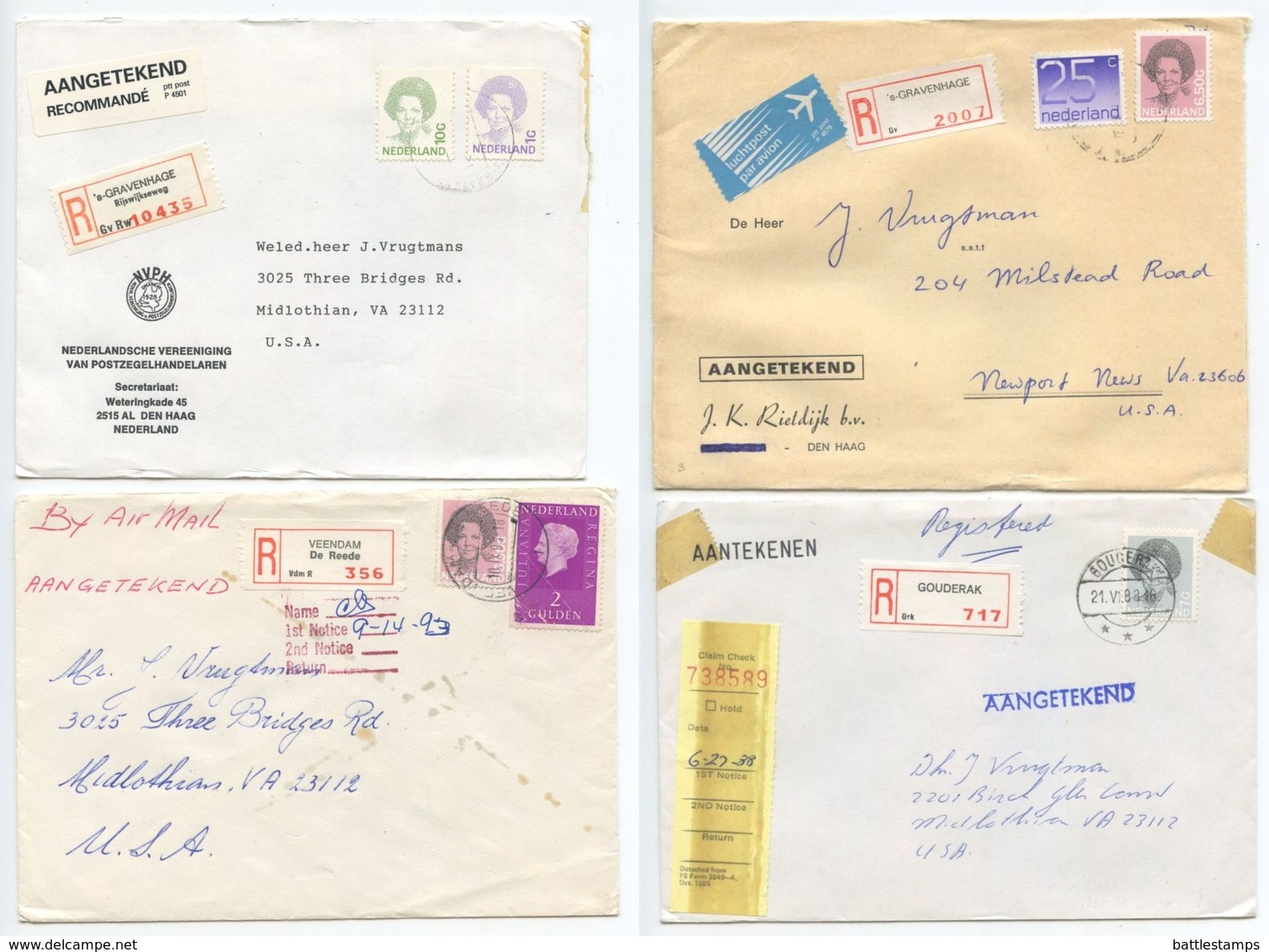 Netherlands 1980‘s-90‘s 4 Registered Covers To U.S., Mix Of Postmarks & Stamps - Covers & Documents