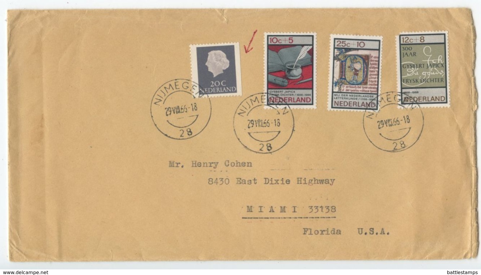 Netherlands 1966 Cover Nijegen To Miami Florida, Scott 347, B409, B410, B412 - Covers & Documents