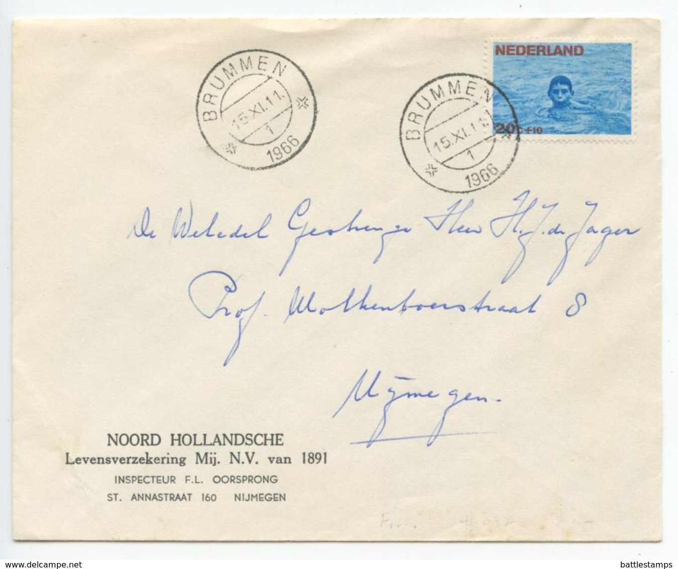 Netherlands 1966 Cover Brummen To Nijegen, Scott B416 Semi-Postal Swimming - Covers & Documents