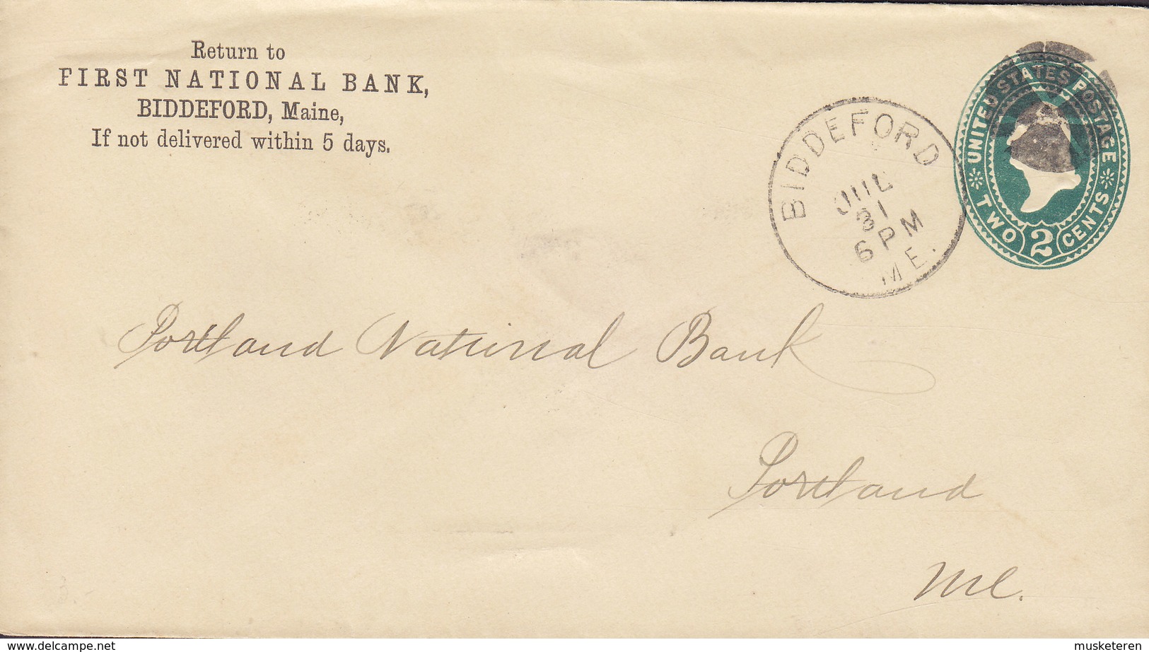 United States Postal Stationery Ganzsache PRIVATE Print FIRST NATIONAL BANK, BIDDLEFORD Maine 1893 Killer Cds. !! - ...-1900