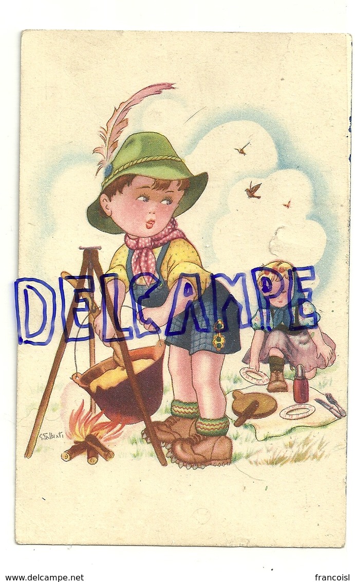 Deux Enfants Qui Pique-niquent (suisses). Feu De Camp, Fondue. Signée Galbiati. 1952 - Autres & Non Classés