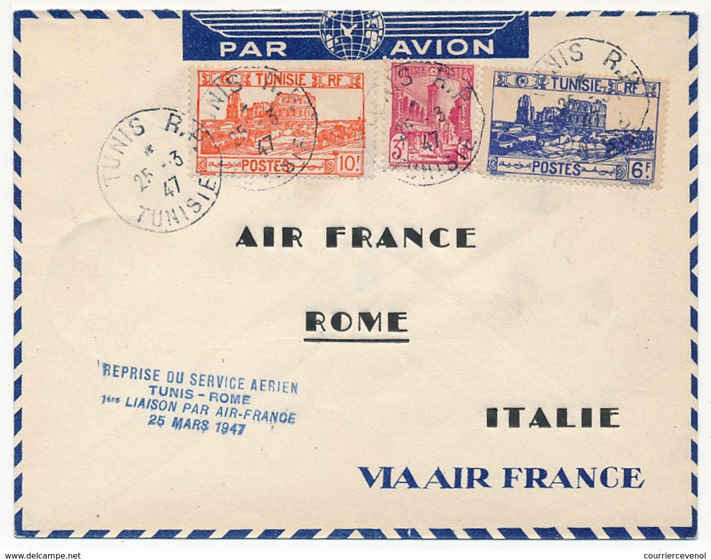 TUNISIE - Enveloppe De Tunis 1947 - Griffe "reprise Du Service Aérien TUNIS-ROME - Première Liaison Air France 25/3/1947 - Luftpost