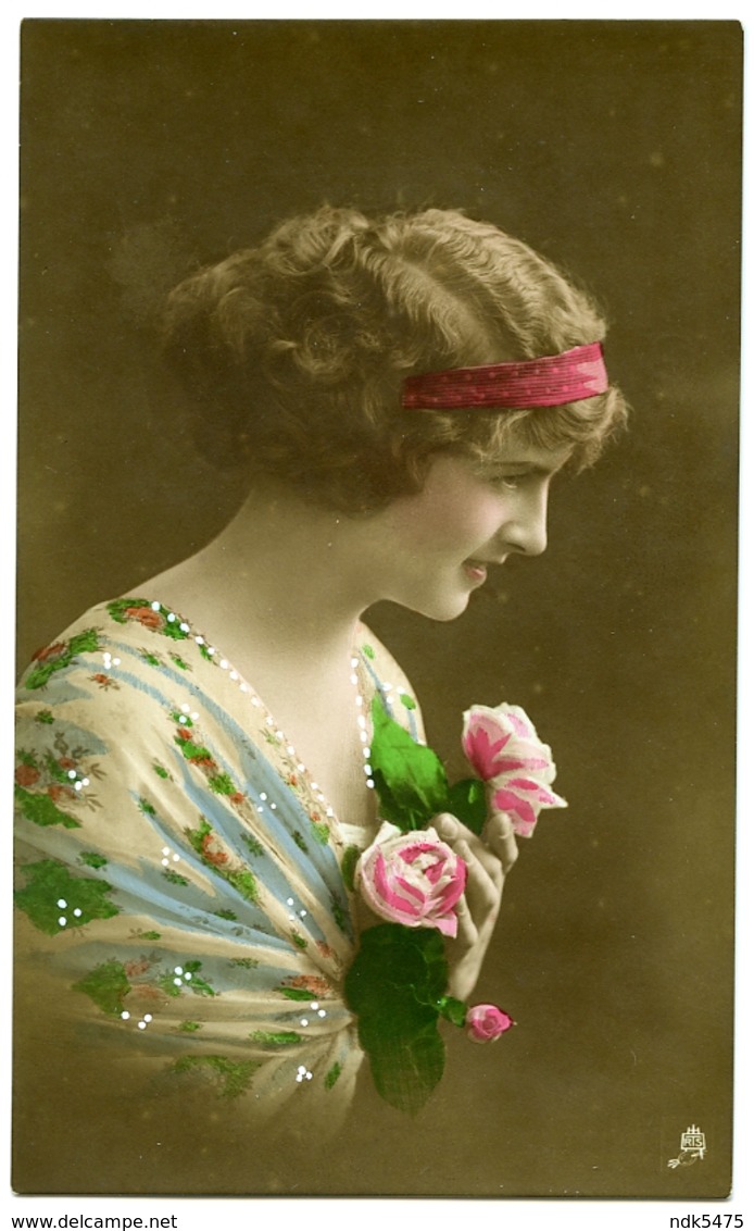 TUCKS : THE PEARL GIRL - PRETTY GIRL WITH HAIR RIBBON AND ROSES (HAND COLOURED) - Women
