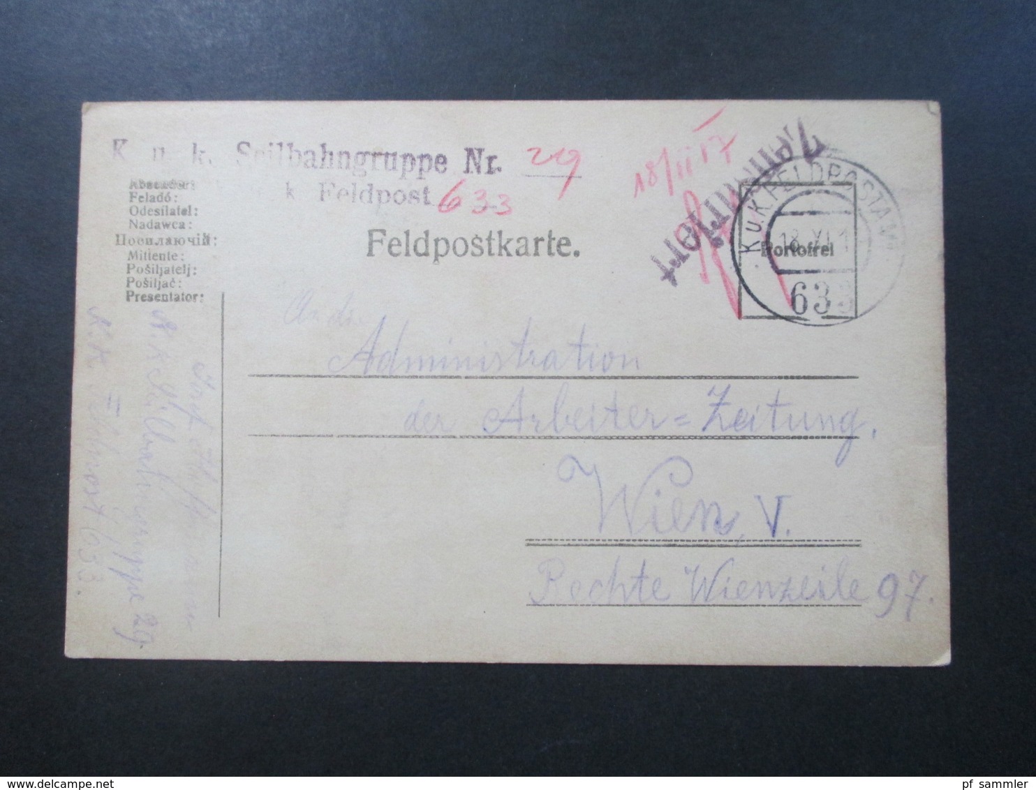 Österreich 1917 Feldpostkarte KuK Seilbahngruppe Nr. 29 Feldpostamt 633 Zensuriert Und Handschriftlicher Vermerk! - Briefe U. Dokumente