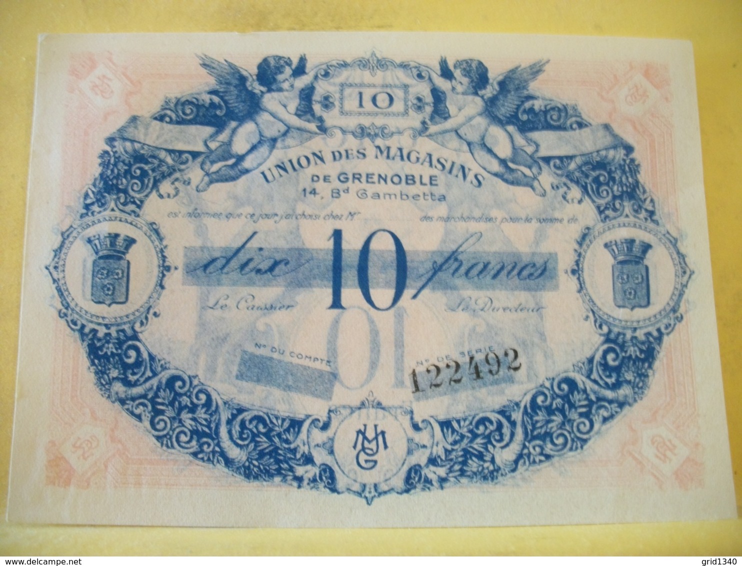 A 2289 RARE 38 UNION DES MAGASINS DE GRENOBLE 10 FRANCS N° 122492 - Bons & Nécessité