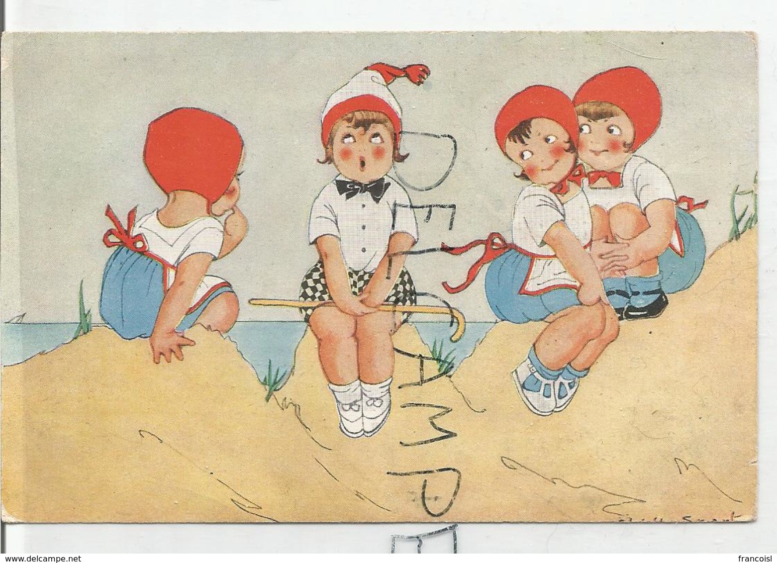 Trois Filles Uniforme Et Bonnet Rouge Admirent Une Autre En Bonnet Rouge Et Blanc, Jupe à Carreaux. Signature Illisible - Humour