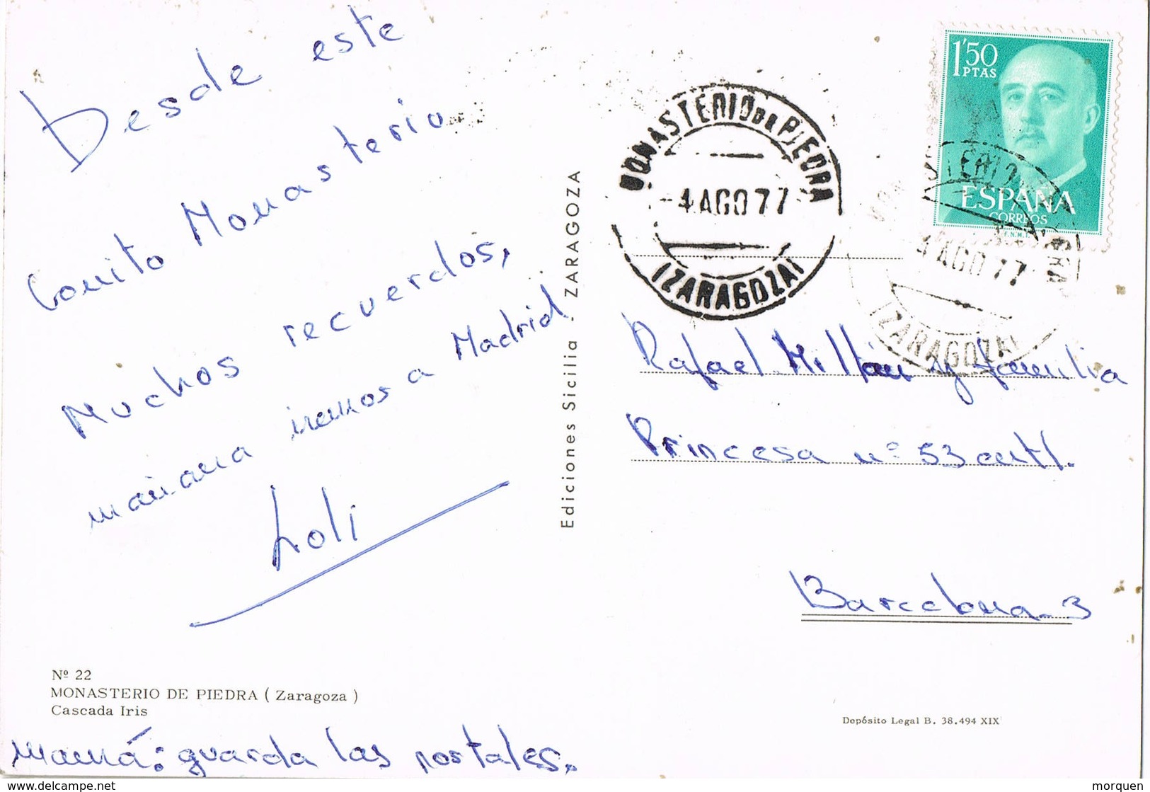 33217. Postal MONASTERIO De PIEDRA (Zaragoza) 1977. Cascada Iris - Cartas & Documentos