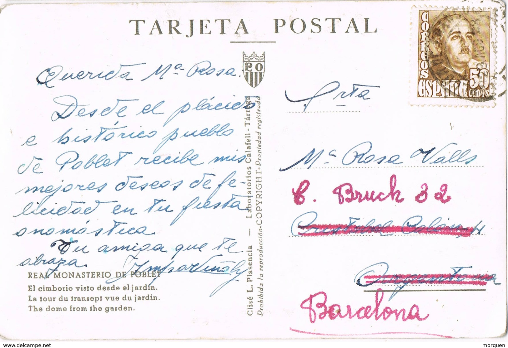 33218. Postal ESPLUGA De FRANCOLI (tarragona) 1948. Reexpedida. Monasterio De Poblet - Cartas & Documentos
