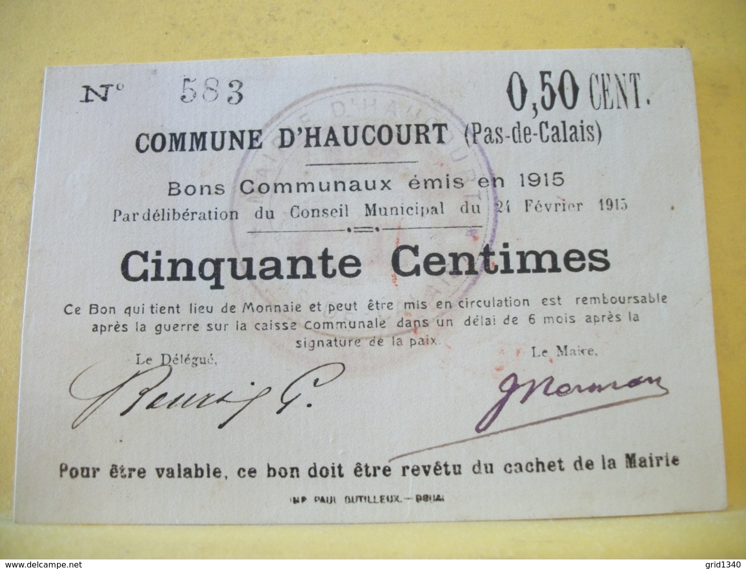 A 2297 RARE 62 COMMUNE D'HAUCOURT BON COMMUNAL DE 50 CENTIMES 24 FEVRIER 1915 - Bons & Nécessité