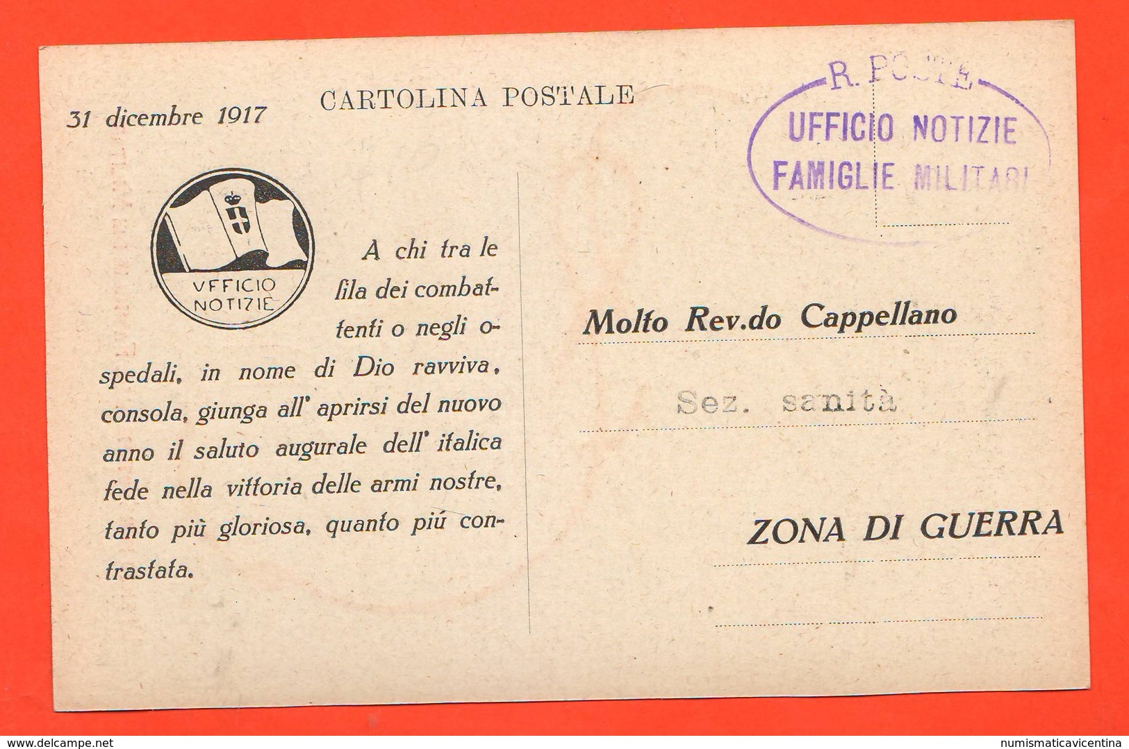 Ufficio Notizie Alle Famiglie Militari Disperi X Cappellano Sezione Sanità Zona Di Guerra 1917 1 WW - Guerra 1914-18