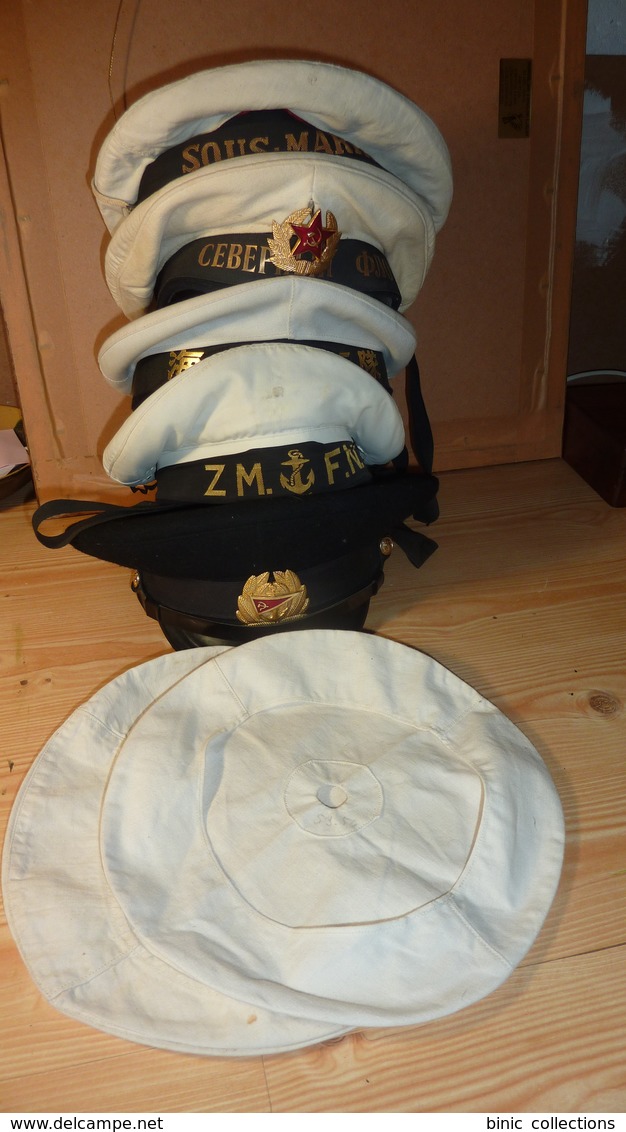 Lot De 4 Bachis Et 2 Couvres Bachis, 1 Casquette : Marine Nationale Sous-marin L'Artemis, Marines Russe, Japon, Belge - Uniformes