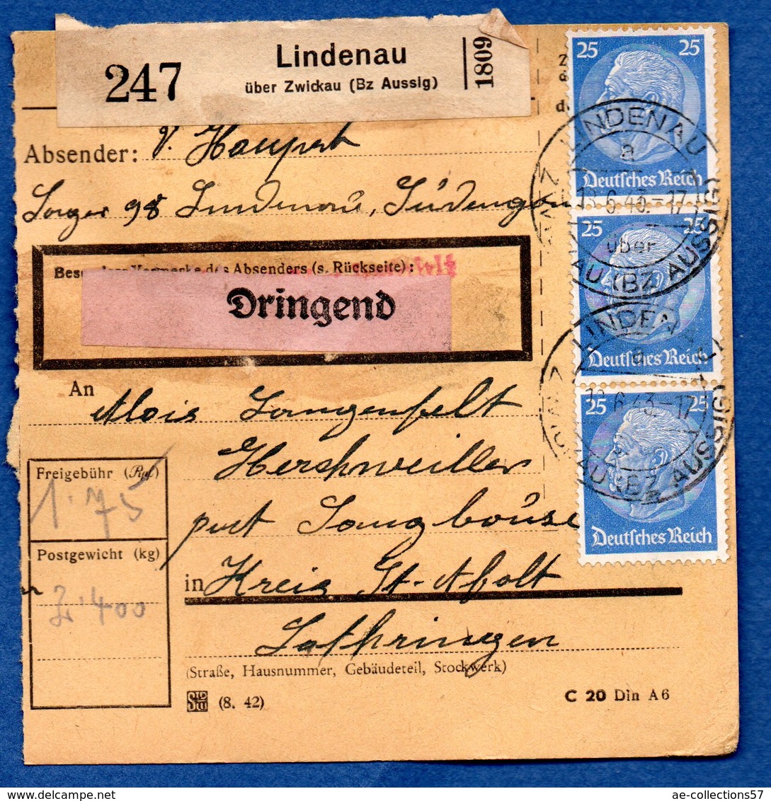 Colis Postal  -  Départ Lindenau ( über Zwickau )   - Pour Seingbouse - Covers & Documents