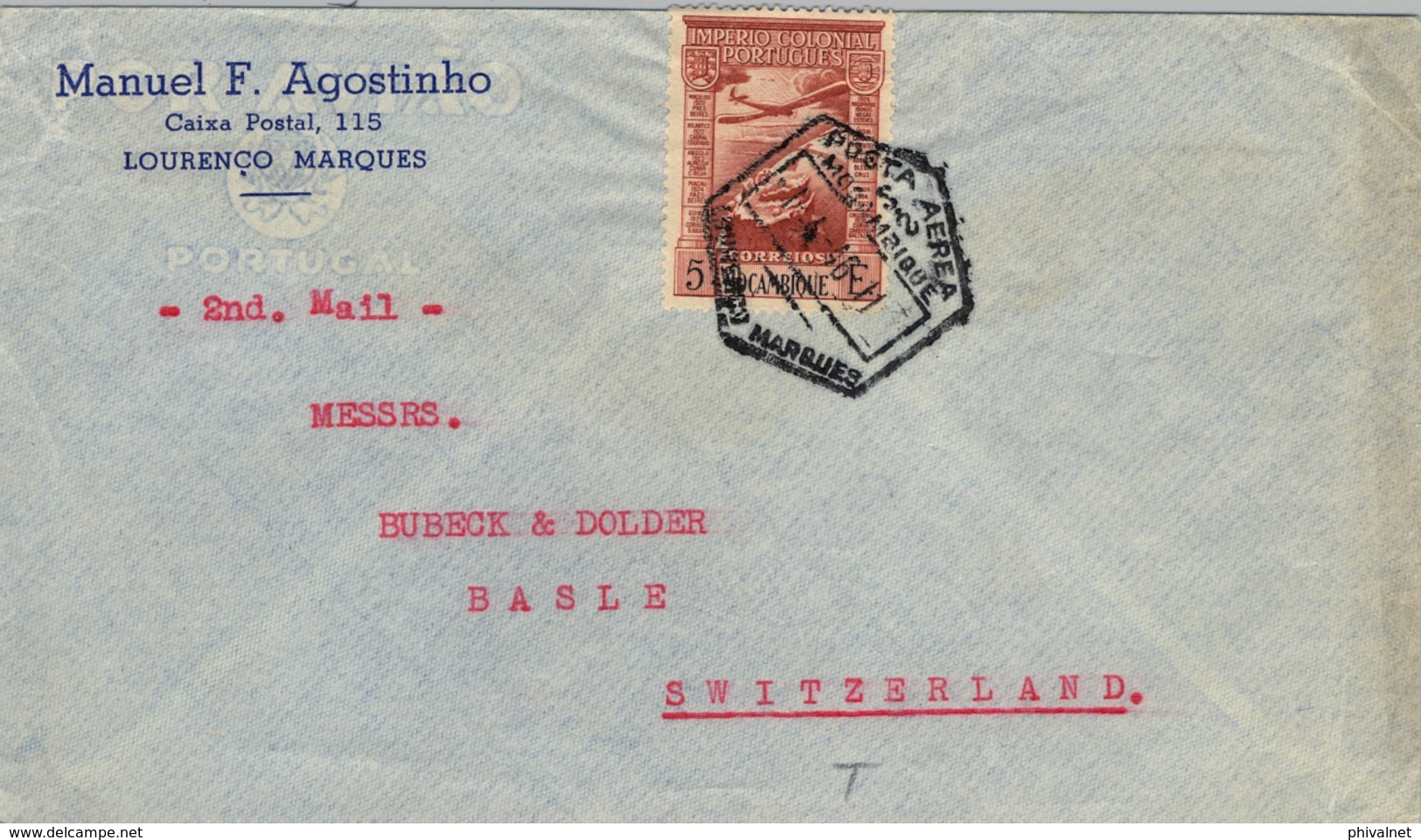 1946 , LOURENÇO MARQUÉS / LOURENZO MARQUÉS , SOBRE CIRCULADO A BASILEA , CORREO AÉREO - Lourenzo Marques