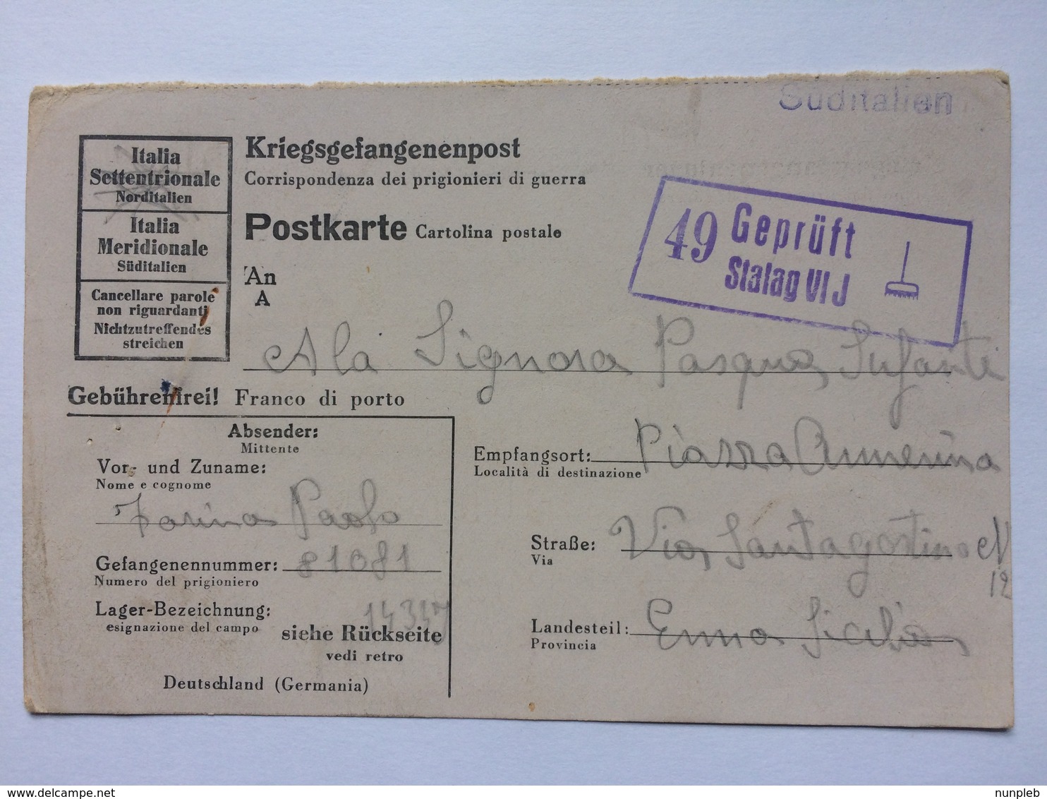 GERMANY Kriegsgefangenenpost Postkarte Stalag VIJ `süditalien` Cachet To Sicily - Besetzungen 1938-45