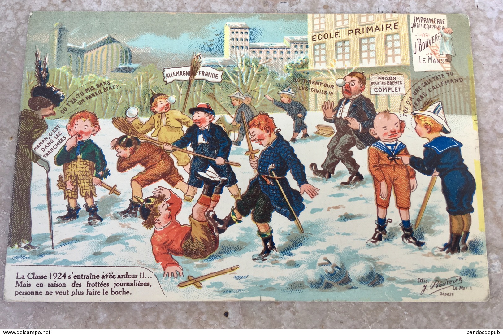 Classe 1924 Amusante Carte Illustrateur écolier Patriotique Bataille Boules Neige Affiche Bouveret Le Mans - 1900-1949