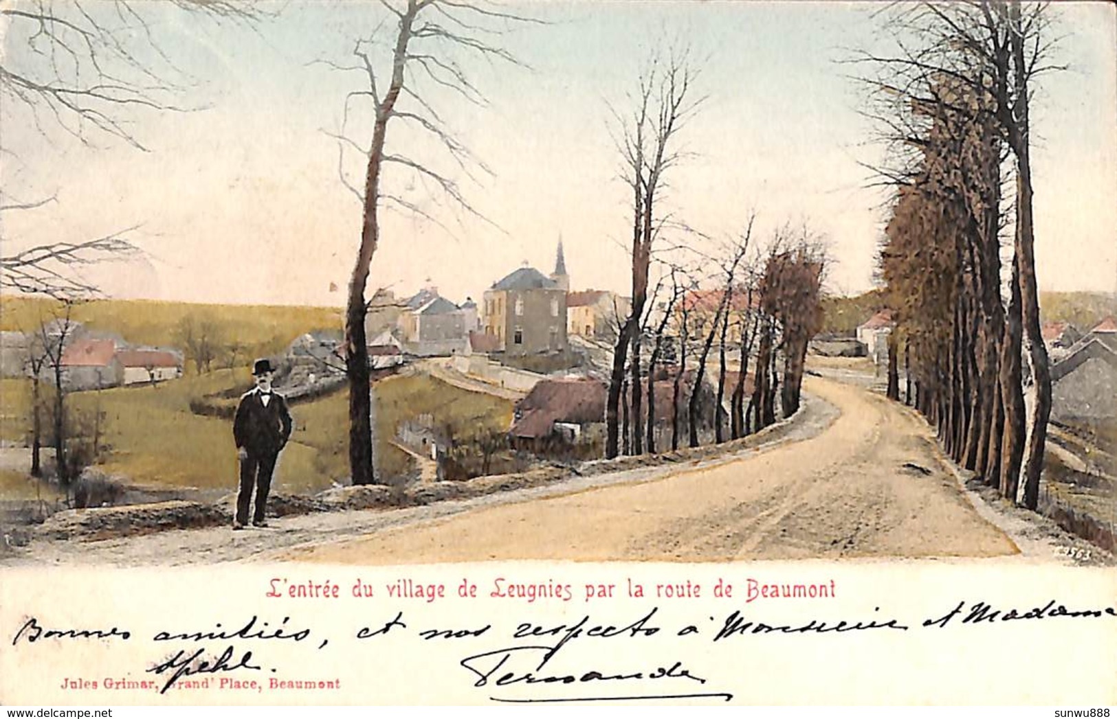 L'entrée Du Village De Leugnies Par La Route De Beaumont (animée, Colorisée, Jules Grimar 1907) - Beaumont