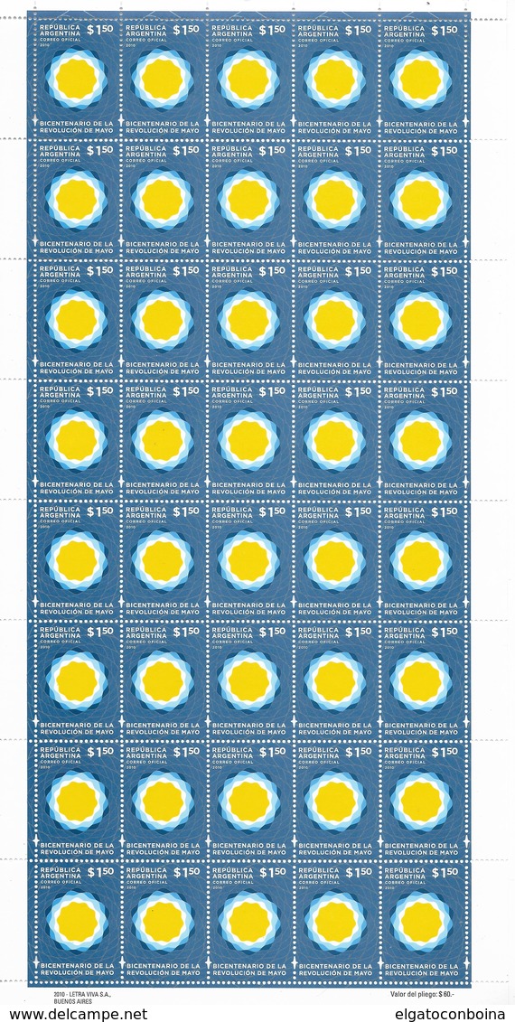 ARGENTINA 2010 BICENTENARY OF 1810 MAY REVOLUTION FULL SHEET 40 VALUES MINT NH - Unused Stamps