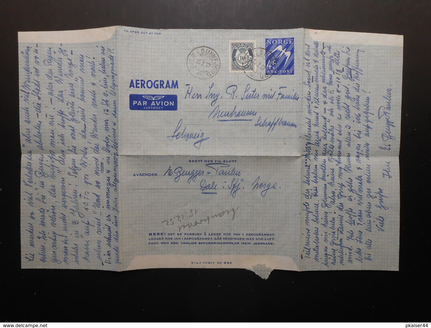 Norwegen - Aerogram Brief Von Dale Nach Neuhausen CH - 25.2.52 - Briefe U. Dokumente