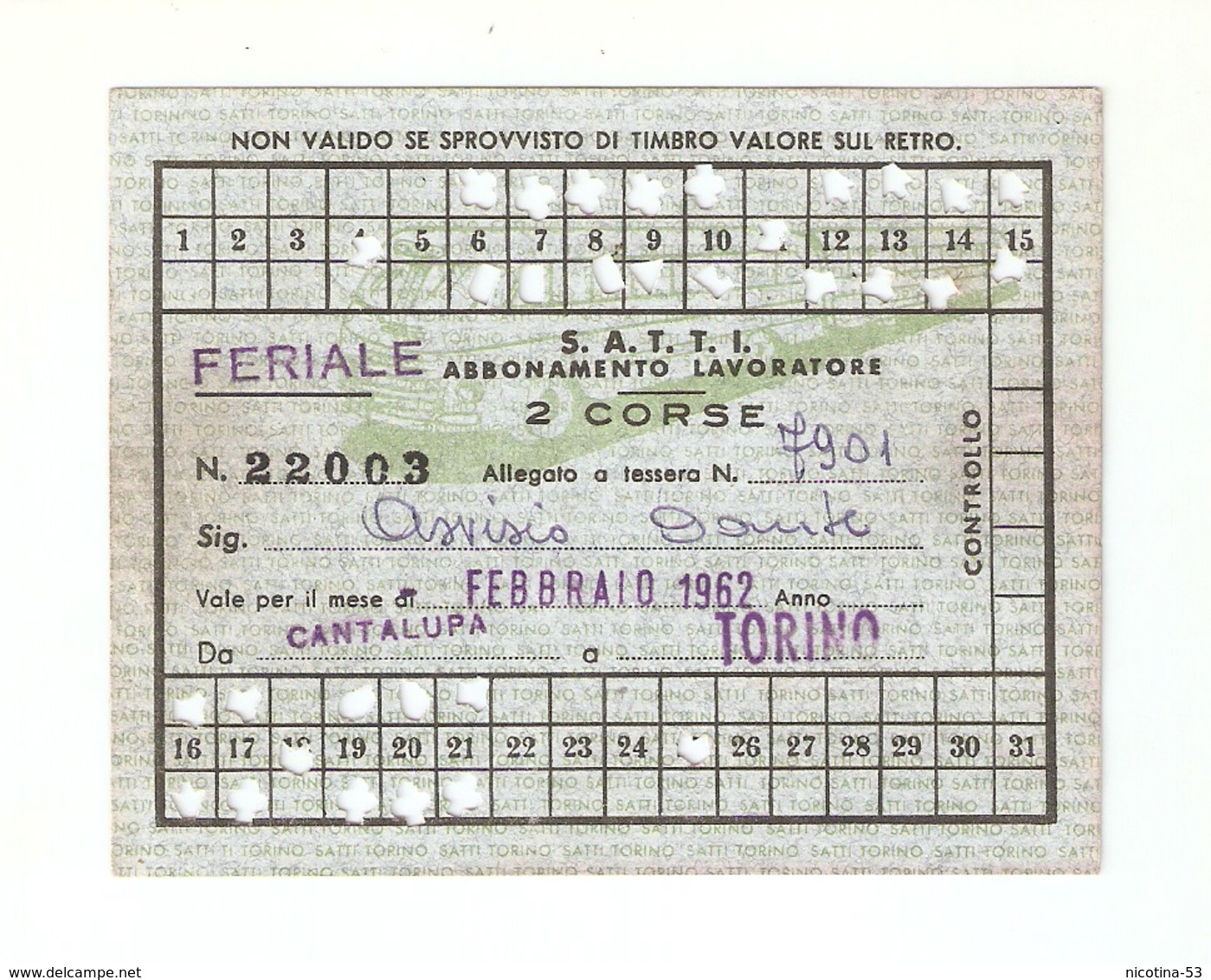 BIGL--00063-- ABBONAMENTO MENSILE LAVORATORE "FERIALE"AUTOLINEE "SATTI" FEBBRAIO 1962-CANTALUPA/TORINO - Europe