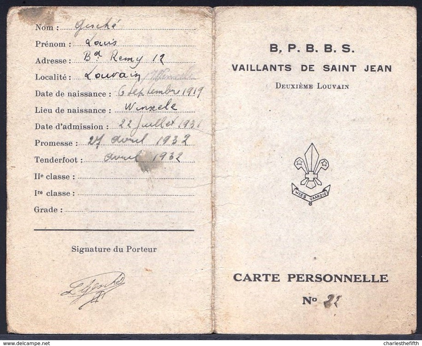 RARE - CARTE PERSONELLE DE BOY SCOUT  ( VAILLANTS DE SAINT JEAN 1934 ) Winksele Louvain - Scoutisme