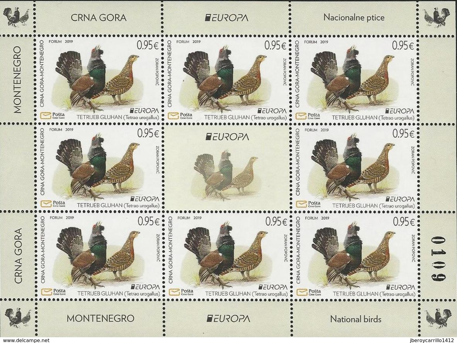 MONTENEGRO / CRNA GORA  - EUROPA 2019 -NATIONAL BIRDS.-"AVES -BIRDS -VÖGEL-OISEAUX"- HOJA BLOQUE De 8 + VIÑETA - 2019