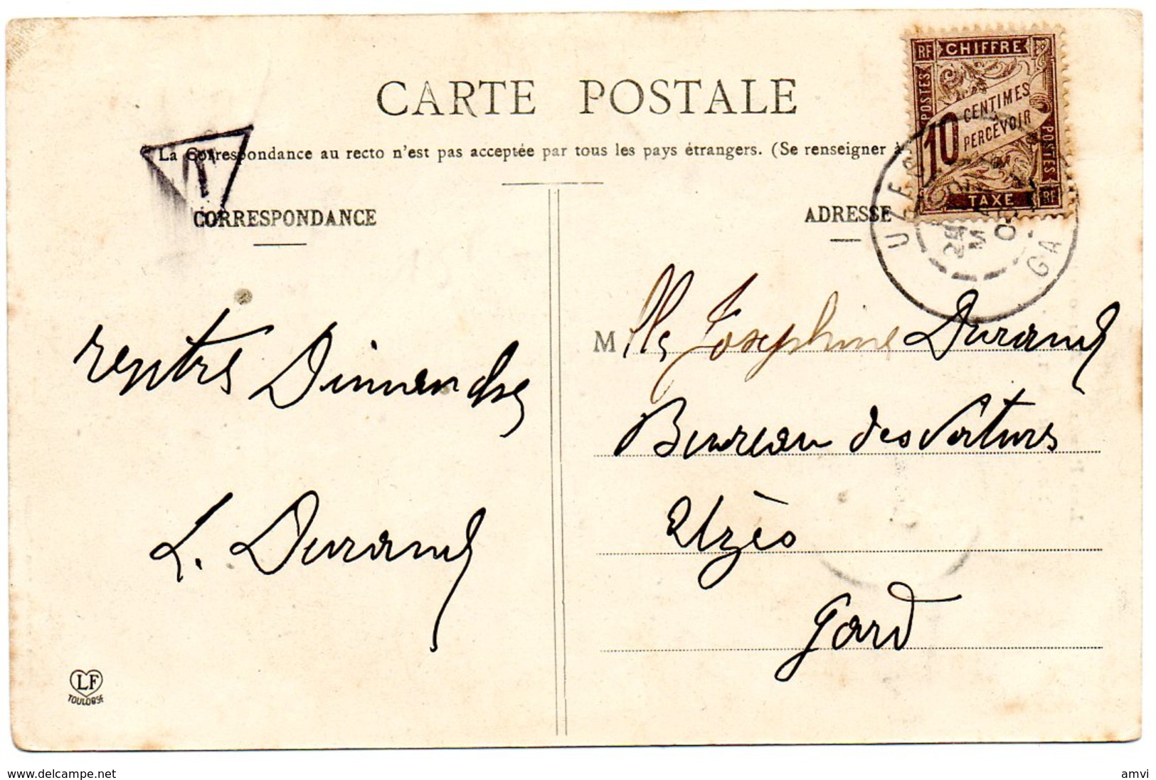 3956 - Massat Ariège L'eglise Timbre Taxe 10 Centimes Cachet UZES Et Cachet Taxe T 1906 - 1877-1920: Période Semi Moderne