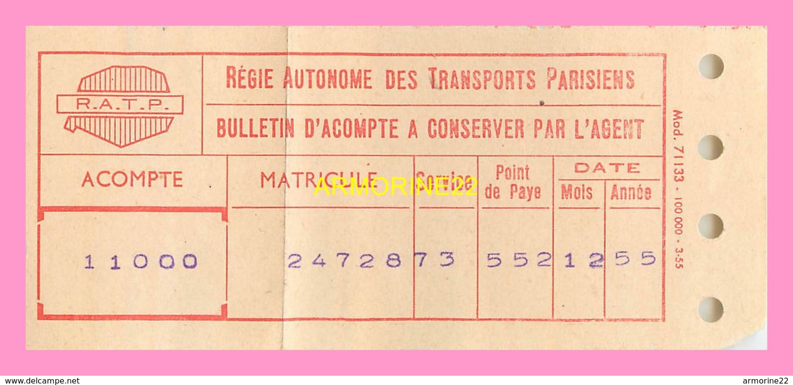 BULLETIN D  ACCOMPTE  DE LA RATP - Other & Unclassified