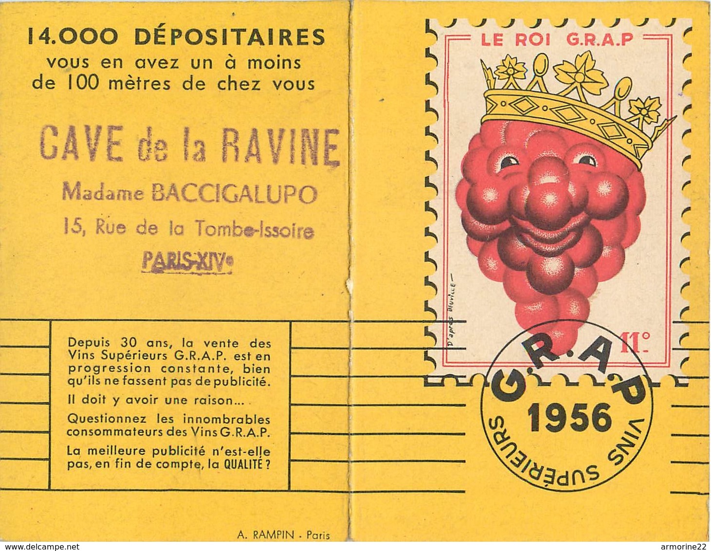 CALENDRIER PUBLICITE  1956  De La Cave De La Ravine Rue De La Tombe Issoire PARIS 14 - Tamaño Pequeño : 1941-60