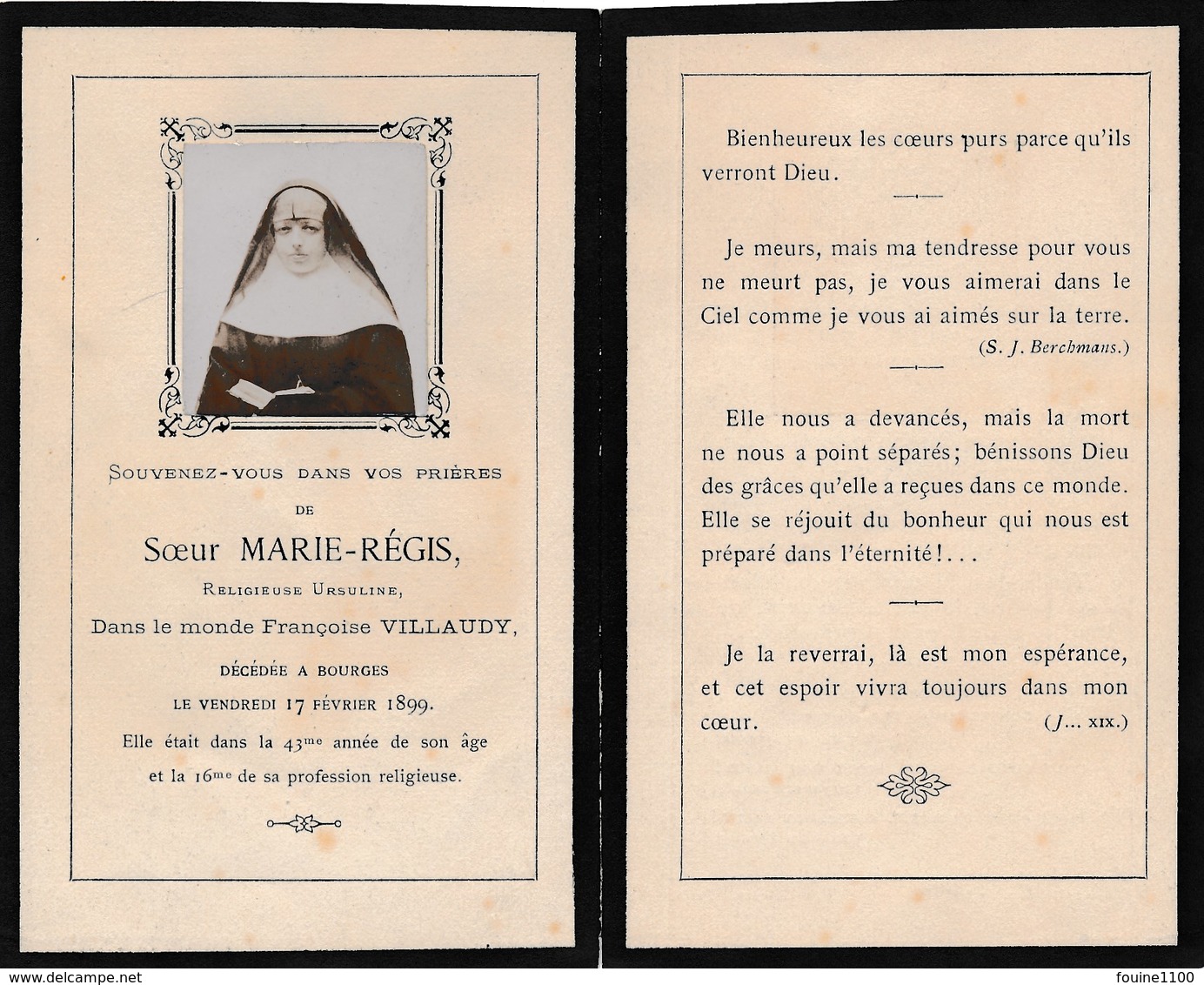 Image De Décés Religieuse Ursuline Bonne Soeur Soeur MARIE REGIS Françoise Villaudy Décédée à BOURGES 1899 - Images Religieuses