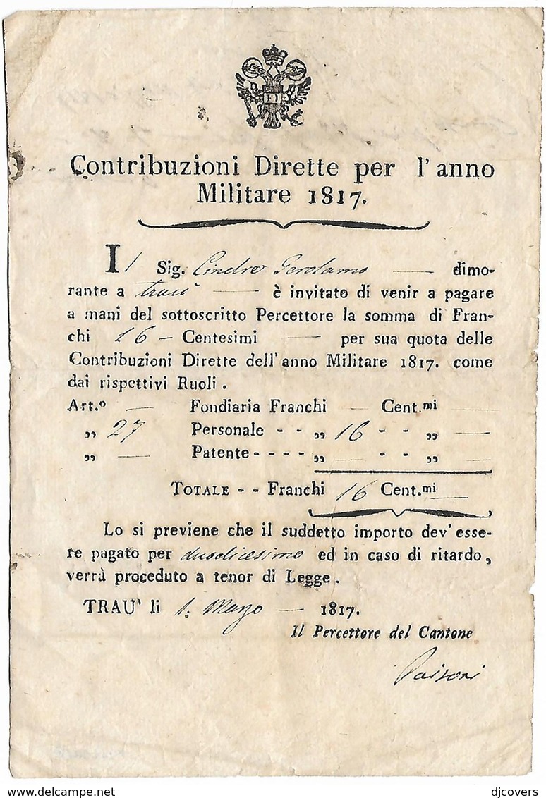 Italy Contribution Certificate For Military Year 1817 - ...-1850 Préphilatélie