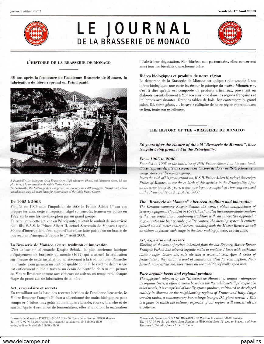 MONACO -- MONTE CARLO -- MONEGASQUE --Le Journal De La Brasserie De Monaco Première édition N° 1 Vendredi 1 Août 2008 - Programs