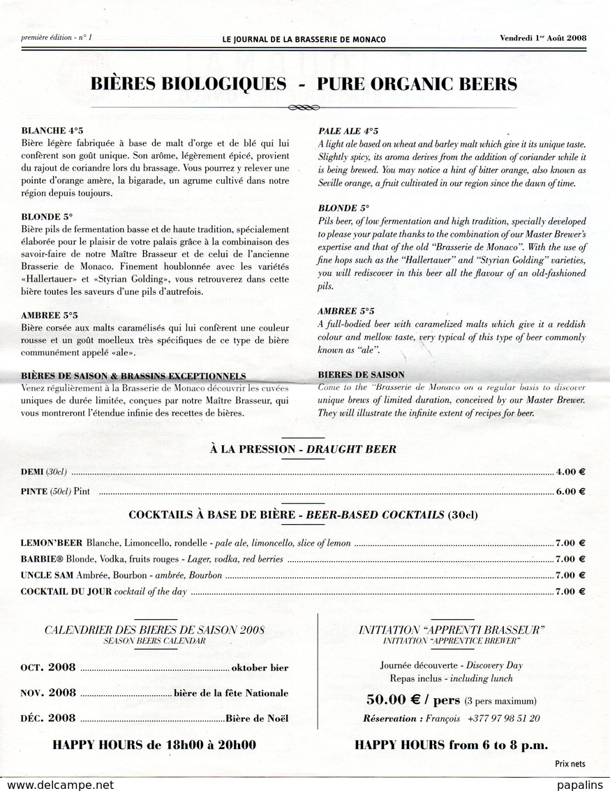 MONACO -- MONTE CARLO -- MONEGASQUE --Le Journal De La Brasserie De Monaco Première édition N° 1 Vendredi 1 Août 2008 - Programs