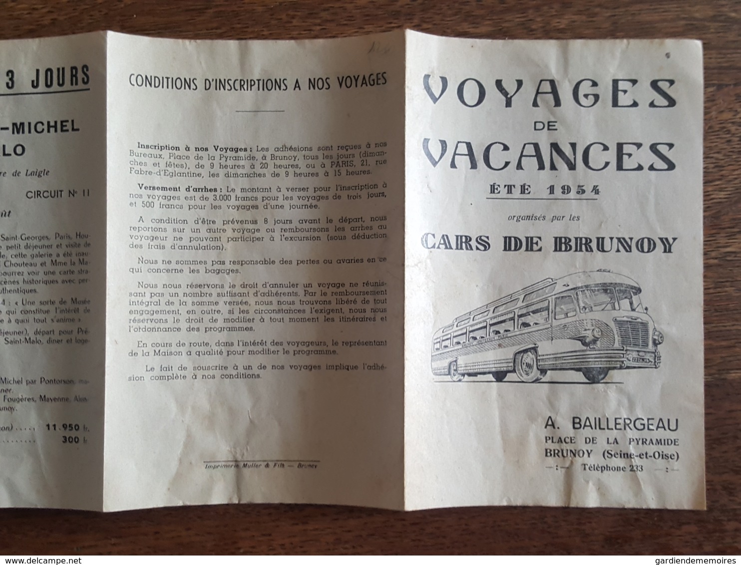 1954 - Cars De Brunoy, Voyages De Vacances, Baillergeau, Place De La Pyramique, Horaires Et Tarifs, Saint Malo, Tréport - Europe