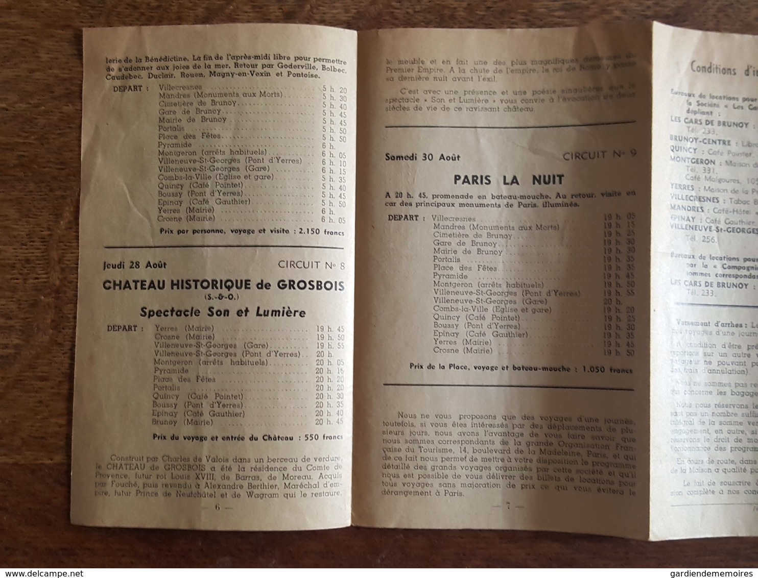 1958 - Cars De Brunoy, Voyages De Vacances, Baillergeau, Place De La Pyramique, Horaires Et Tarifs, Versailles Cabourg - Europa