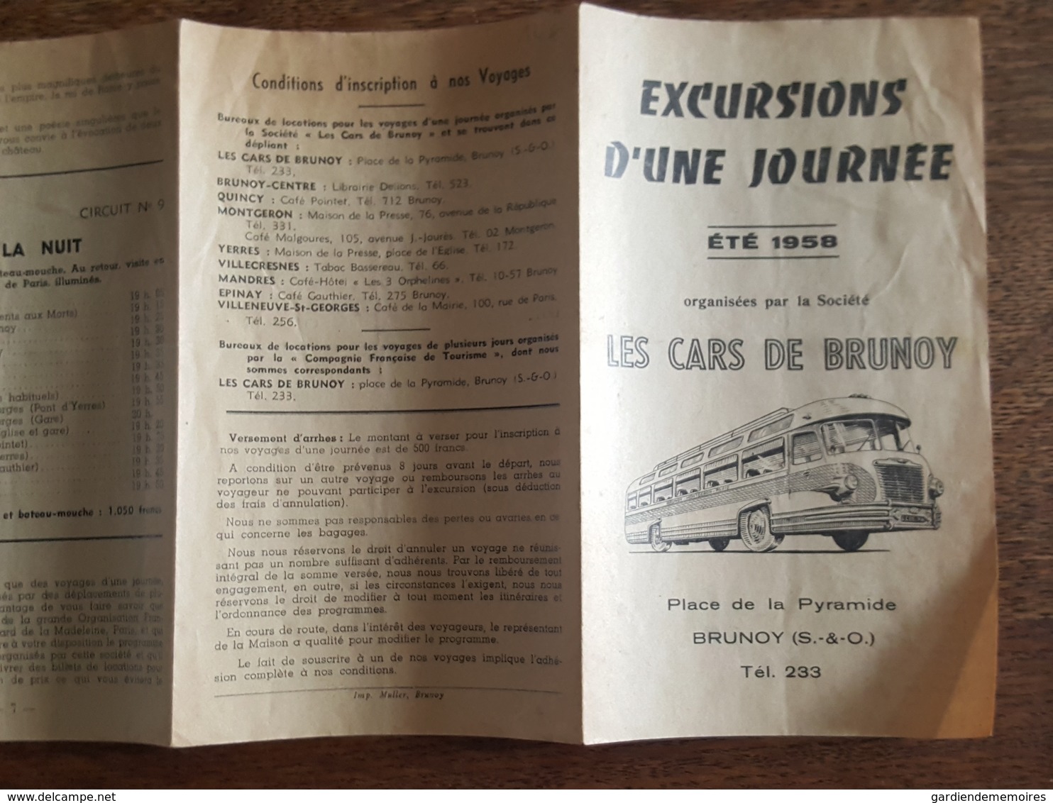 1958 - Cars De Brunoy, Voyages De Vacances, Baillergeau, Place De La Pyramique, Horaires Et Tarifs, Versailles Cabourg - Europe