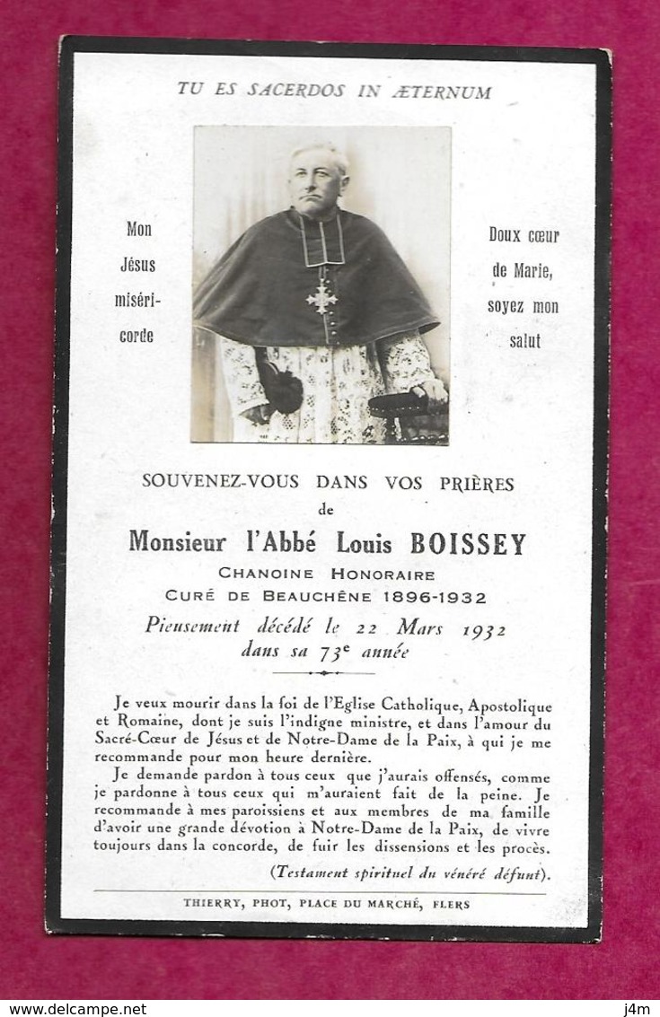 IMAGE PIEUSE..AVIS De DECES MEMENTO.. Abbé Louis BOISSEY, Curé De BEAUCHENE (61) Décédé En 1932..2 Scans - Images Religieuses