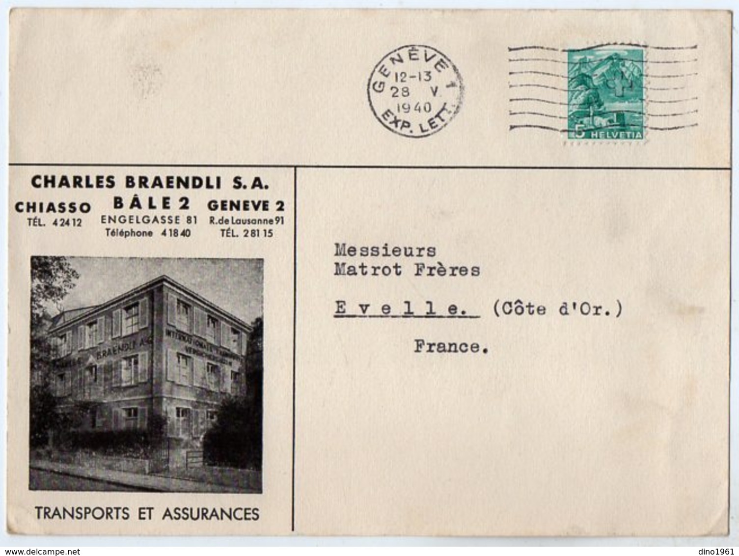 VP15.333 - 1940 - Carte - Lettre - Transports Et Assurances Charles BRAENDLI S.A. à GENEVE , CHIASSO & BALE - Switzerland