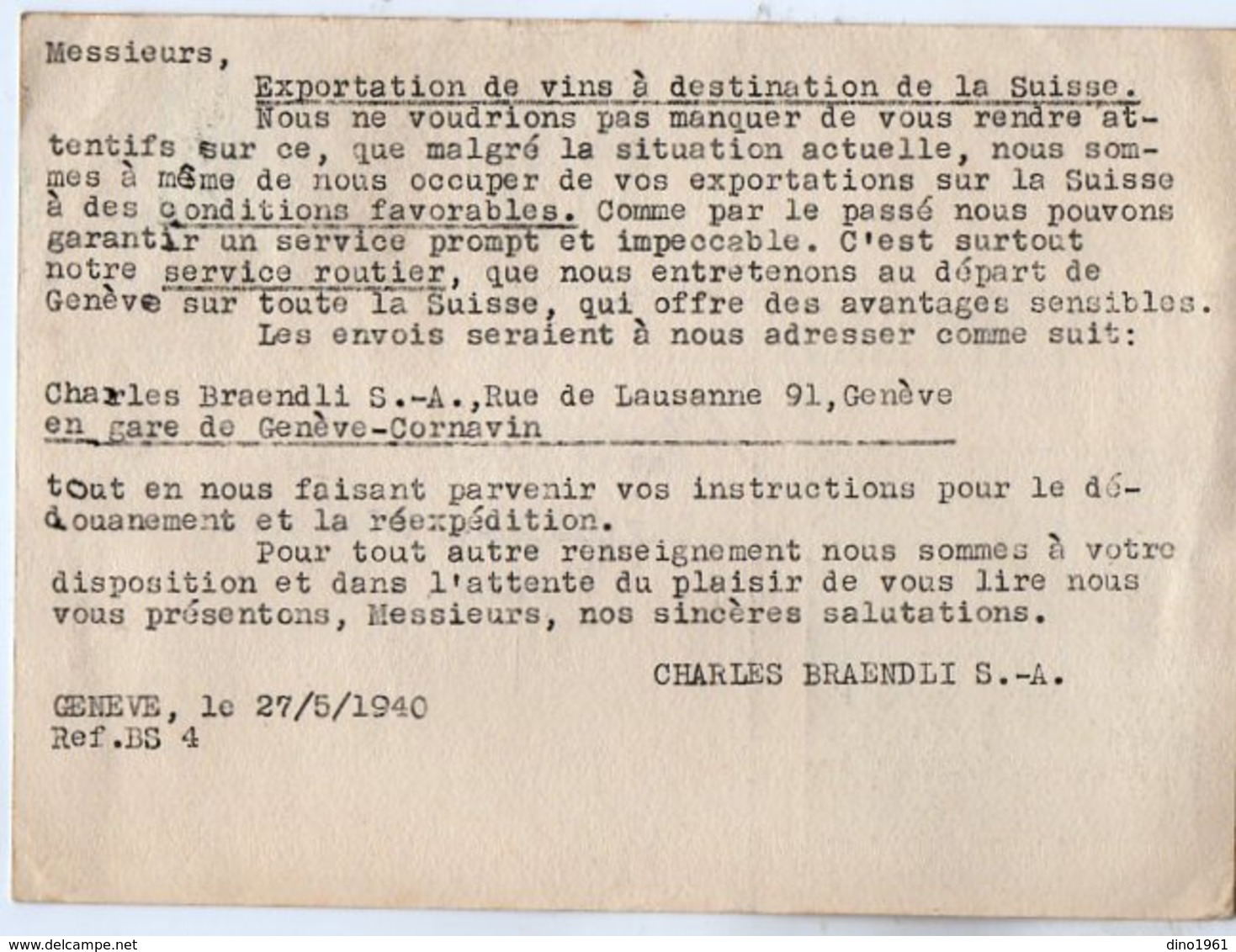 VP15.333 - 1940 - Carte - Lettre - Transports Et Assurances Charles BRAENDLI S.A. à GENEVE , CHIASSO & BALE - Schweiz