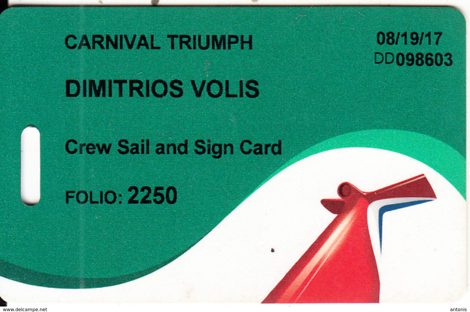 USA - Carnival Cruises/Triumph, Crew Sail And Sign Card, Cabin Keycard, Used - Cartes D'hotel