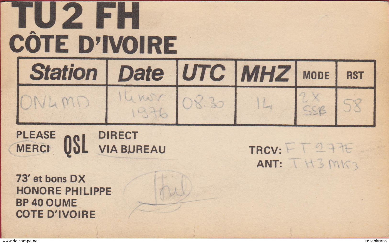 QSL Card Amateur Radio Funkkarte Cote D' Ivoire Philippe Honore Oume 1976 Rwanda Afrique Africa - Amateurfunk