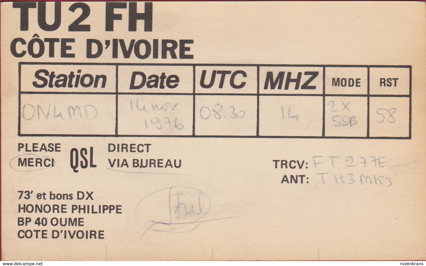 QSL Card Amateur Radio Funkkarte Cote D' Ivoire Philippe Honore Oume 1976 Rwanda Afrique Africa - Radio Amateur