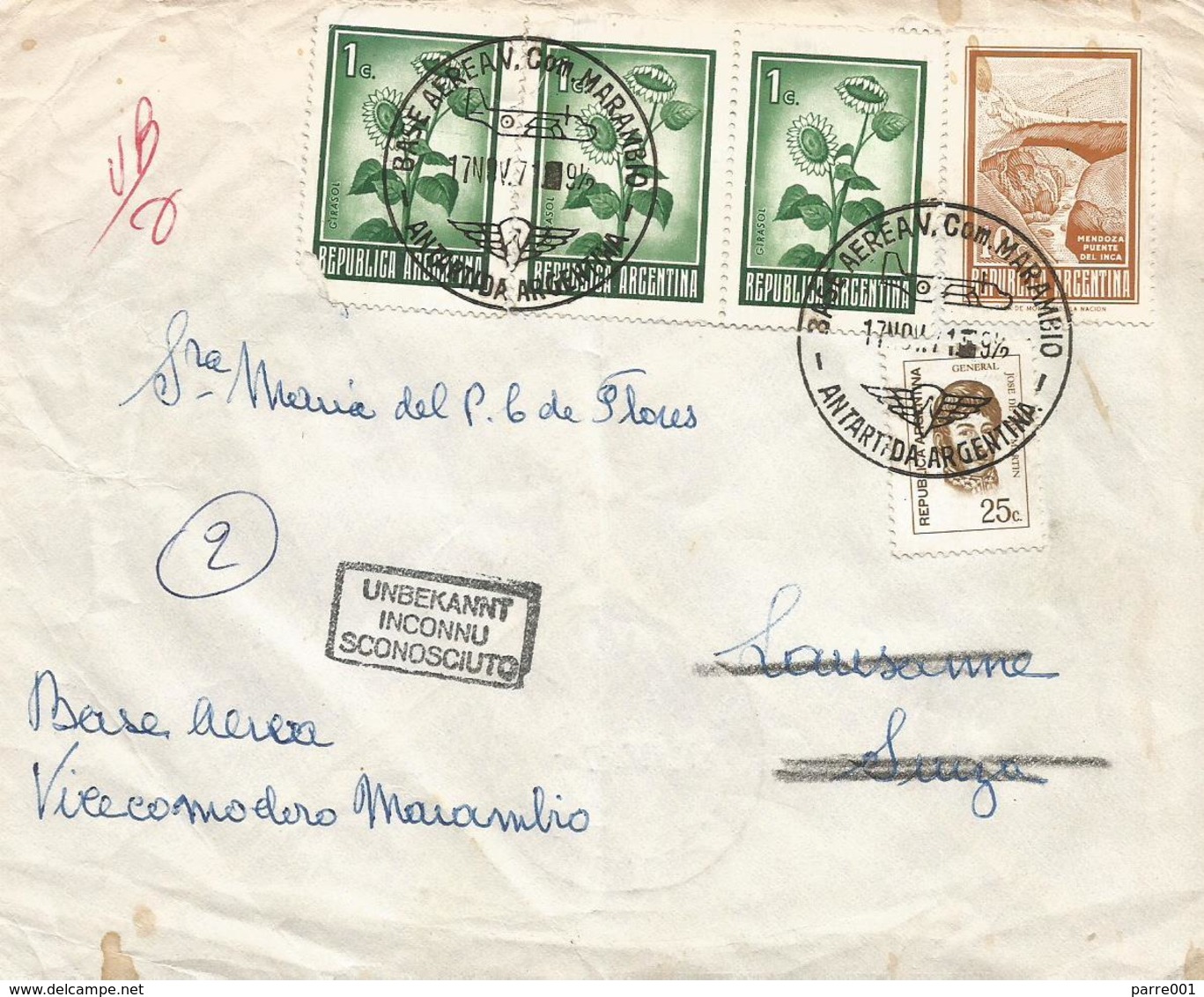 Argentina Antarctica 1971 Base Area Vice Comodero Marambio To Lausanne Instructional Handstamp Switzerland - Andere & Zonder Classificatie