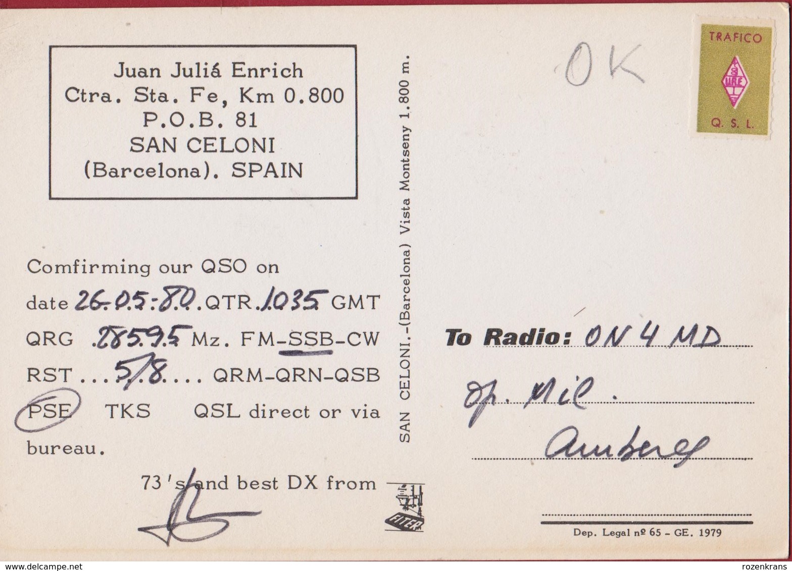 QSL Card Amateur Radio Funkkarte Espana Spain Spanje 1980 San Celoni Barcelona EA 3 BKS - Amateurfunk