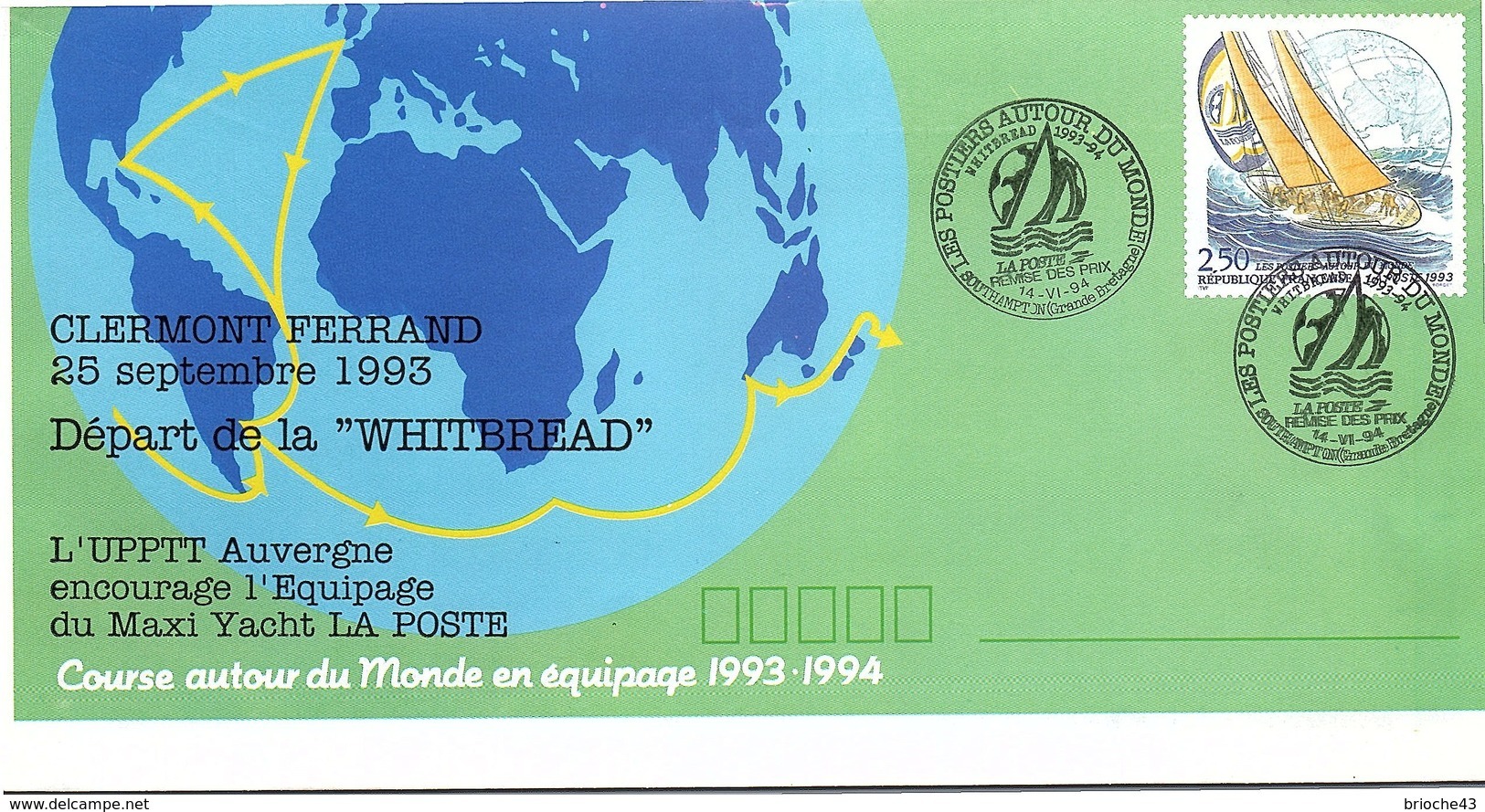 FRANCE- LETTRE ENTIER POSTAL 2.50 POSTIERS AUTOUR DU MONDE - CACHET WHITBREAD 14.VI.94 SOUTHAMPTON GRANDE BRETAGNE  / 1 - Buste Postali E Su Commissione Privata TSC (ante 1995)