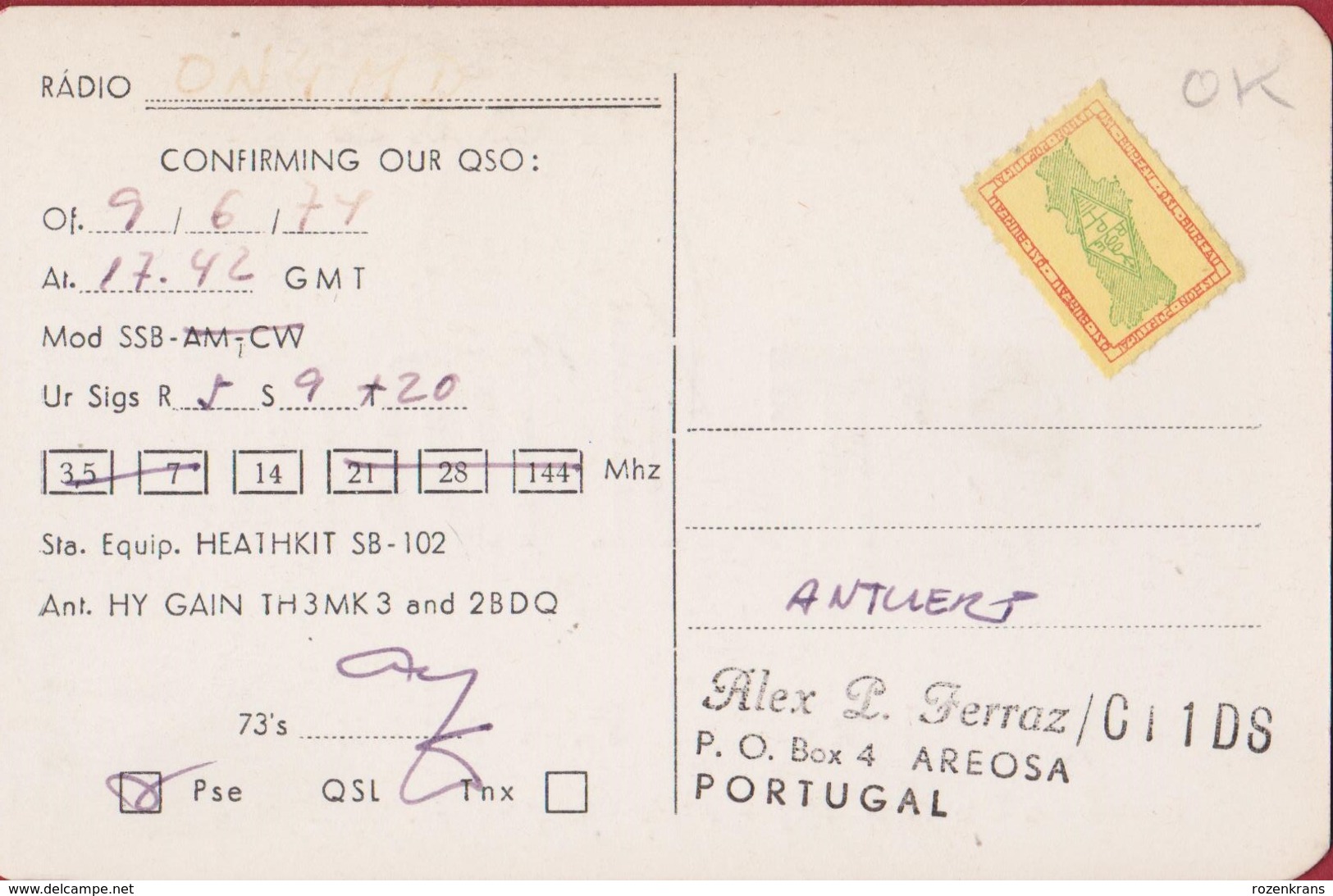 QSL Card Amateur Radio Funkkarte Portugal Porto  Alexandre P. Ferraz AREOSA 1974 - Amateurfunk